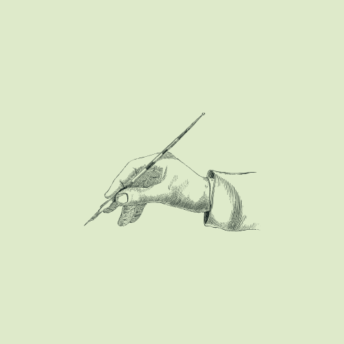 Illustration of a hand holding a pen, writing on paper in dark green lines on a pale green background