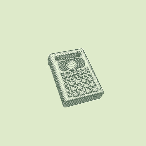 Roland SP-404 sampler illustration in dark green tones on a pale green background