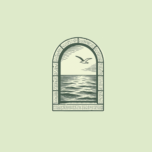 Arched window illustration overlooking the sea with a flying seagull, drawn in dark green on a pale green background